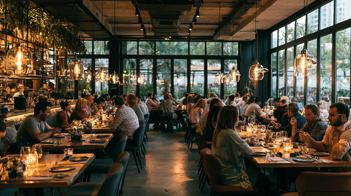 Busy restaurant with high ceilings and hard reflective surfaces